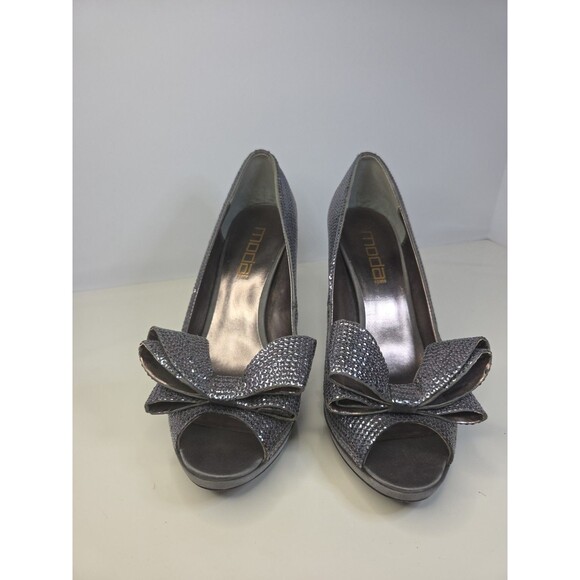 Moda Spana Cinderella Silver Rainbow Crystal Sparkle Bow Leather Pumps Sz 8.5 M - Picture 2 of 11